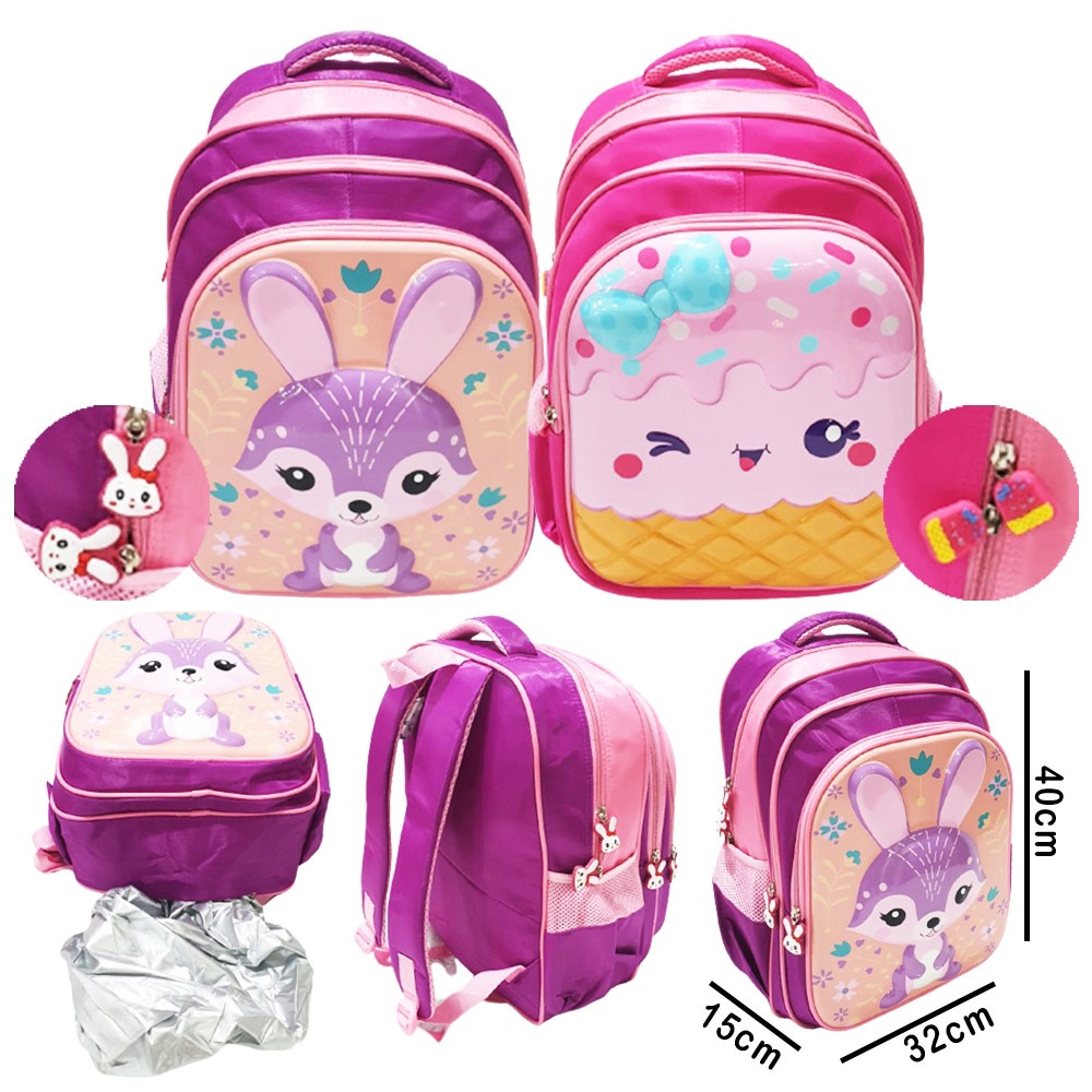 BACKPACK RANSEL 16&quot; TAS ANAK SEKOLAH PEREMPUAN SD GAMBAR KARTUN RABBIT SUGAR DAN KUE ICE CREAM 3RESLETING TIMBUL IMPORT ( Sugar ES KRIM BOBA CETAR POLKA 16&quot; )