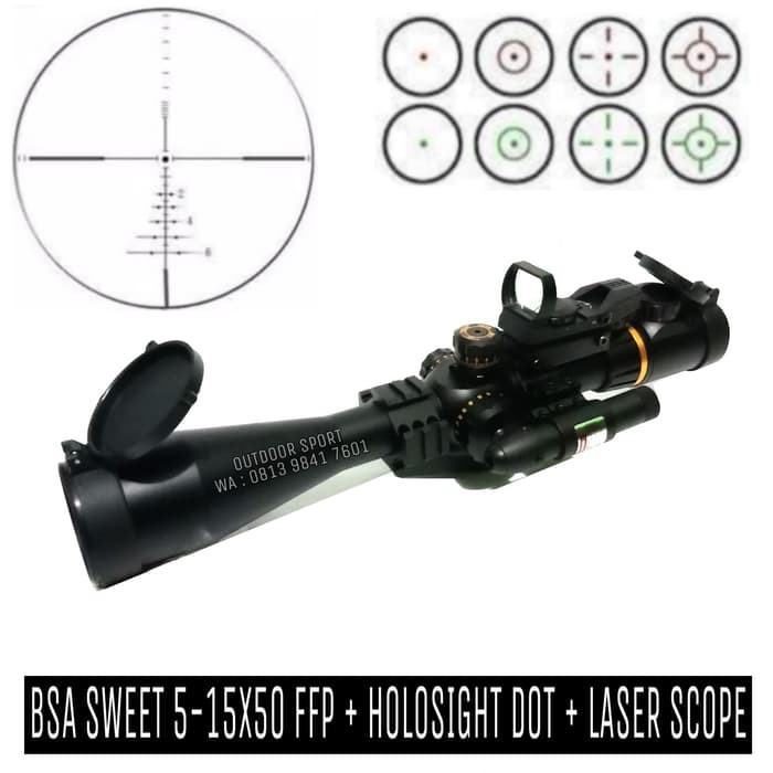 Telescope BSA 5-15X50 FFP IR Mil Tube 30mm With Holosight Red Green Dot + Laser Scope - Teleskop