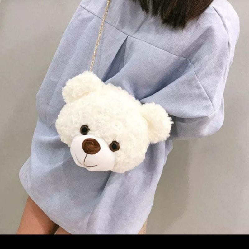 Tas Bulu Selempang KEPALA TEDDY BEAR Tas Boneka Kepala Beruang ALA KOREA