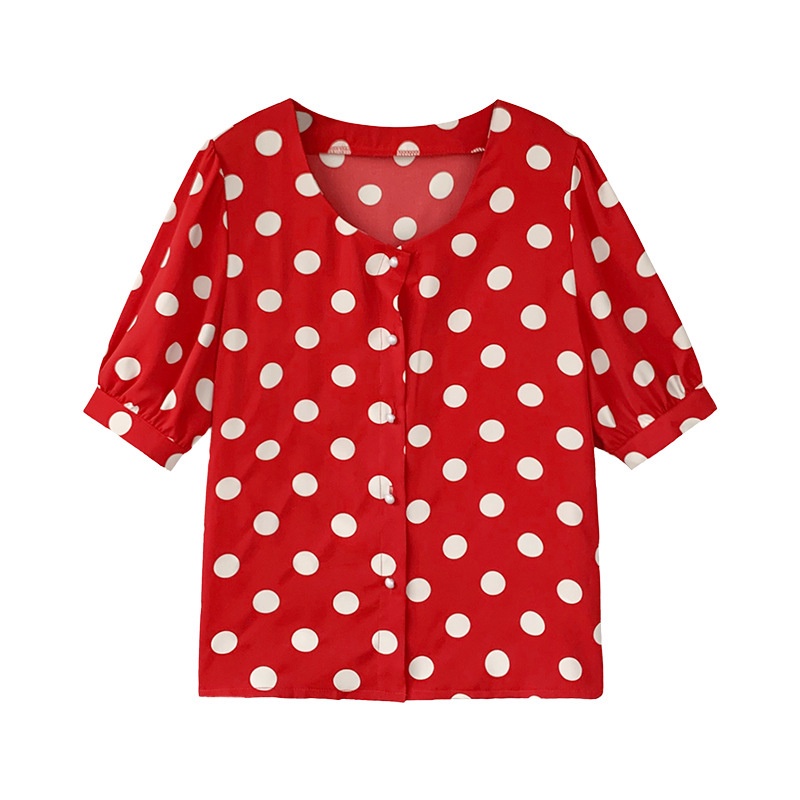 #Sisjuly# Wanita musim panas baru retro gaya barat polka dot kemeja sifon atasan lengan pendek wanit