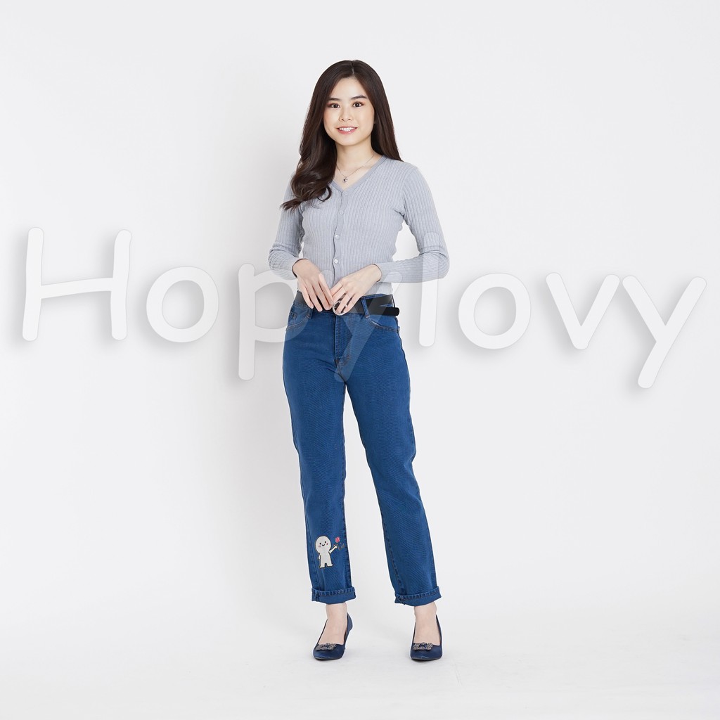 HOPYLOVY - Celana Boyfriend Jeans Wanita Printing Biu