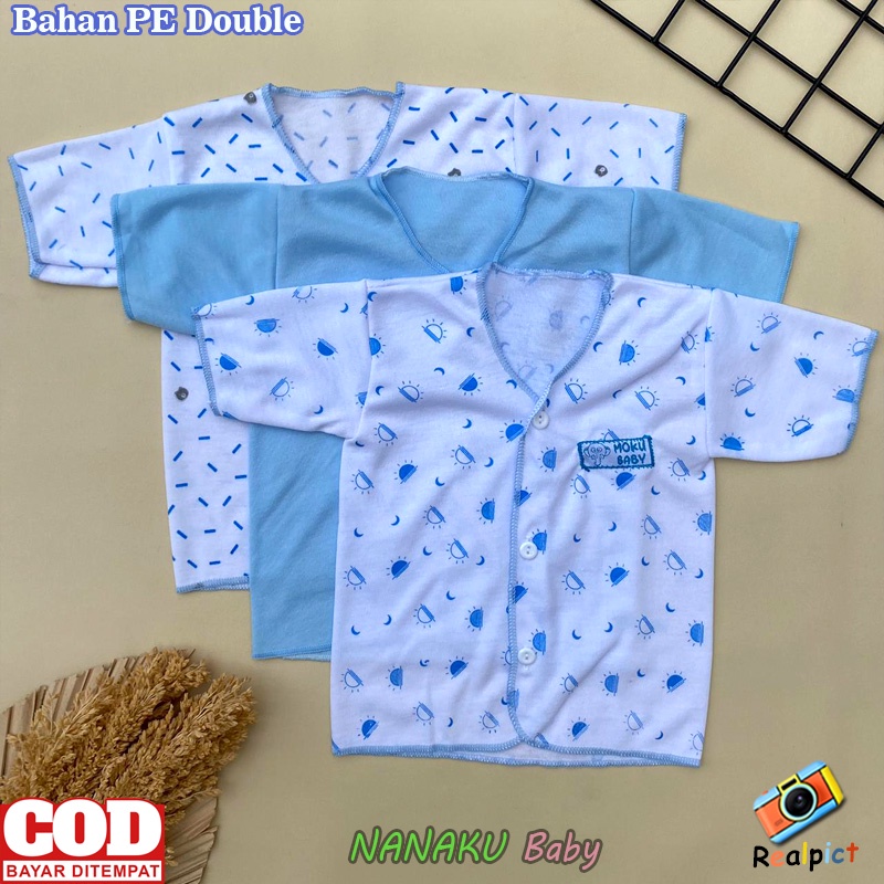 Isi 3 PCS Baju Newborn Bayi Baru Lahir Lengan Pendek Kancing Depan Seri Biru Usia 0-3 Bulan - Ana Baby