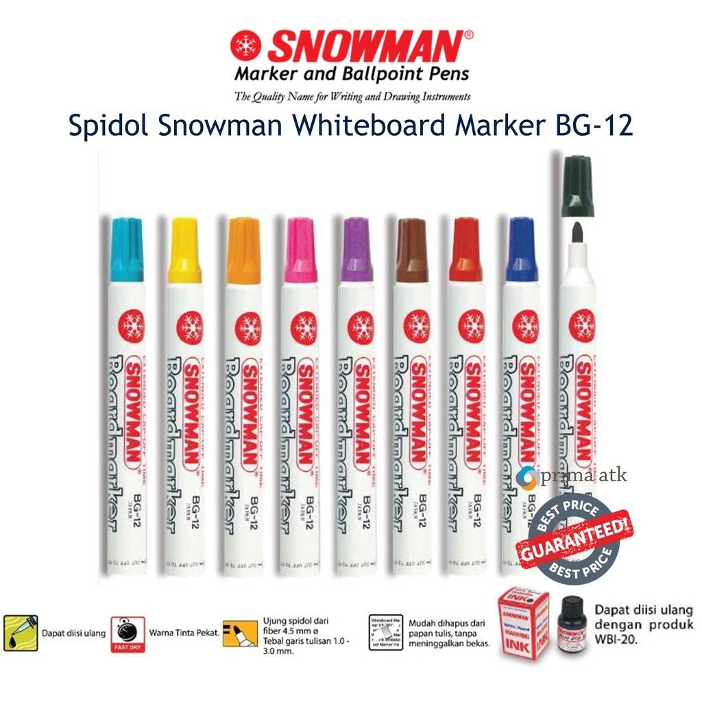 

SPIDOL SNOWMAN WHITEBOARD MARKER TINTA TIDAK LUNTUR WARNA HITAM BIRU MERAH MARKING MURAH BG-12