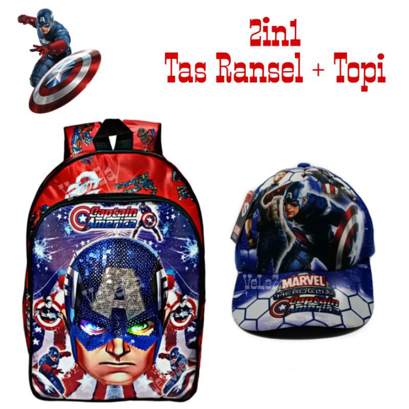 Tas Anak Laki-laki Karakter Captain America led mata nyala plus topi full print - Tas Anak