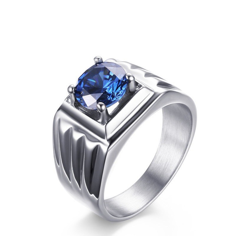 Cincin Kawin / Tunangan / Cincin Single Pria Cowok Titanium 316L Blue Zircon AAA CP001