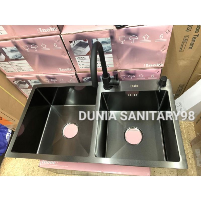 PROMO!! PAKET Kitchen Sink 8245 BLACK INOBE Stainless SUS 304 Bak cuci piring Full Hitam