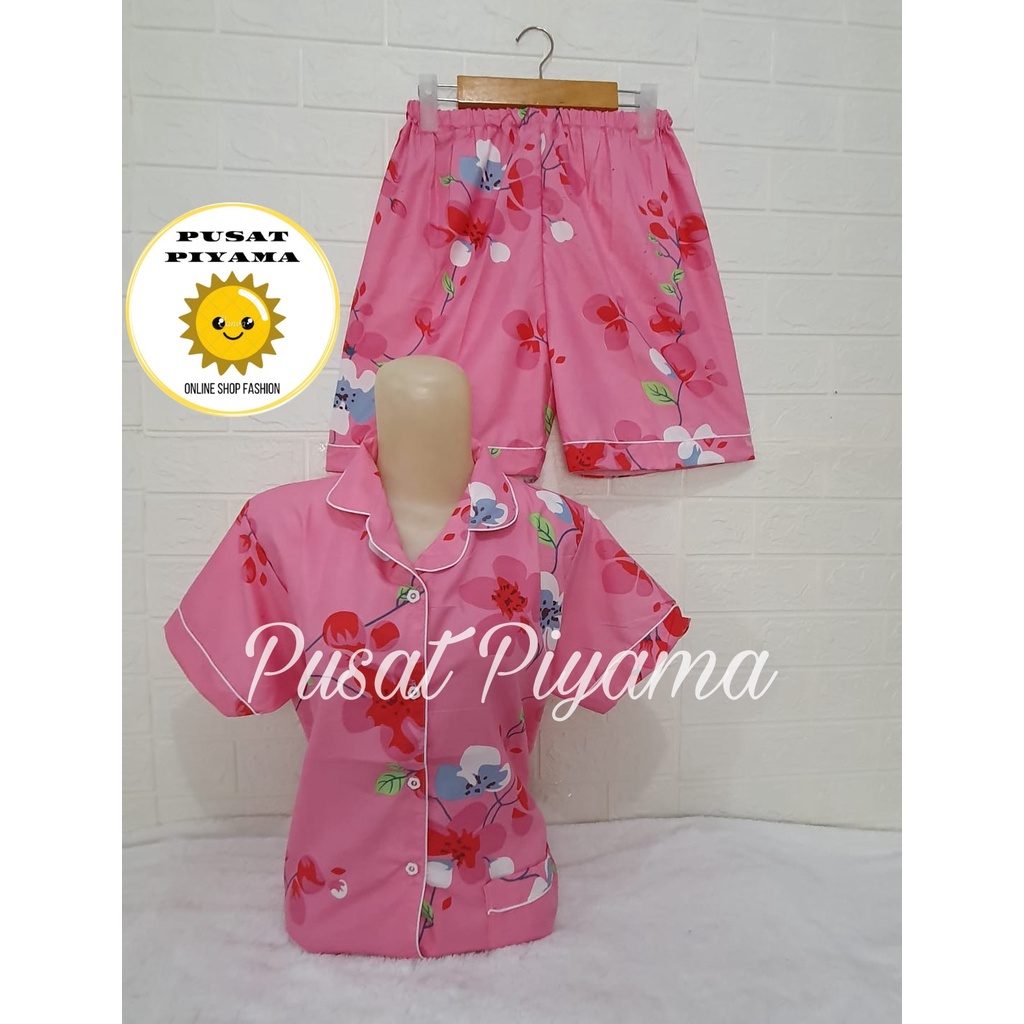 BAJU TIDUR MOTIF COCO DAUN TANGAN PENDEK CELANA PENDEK HP / PIYAMA MOTIF COCO DAUN-Sakura Pink