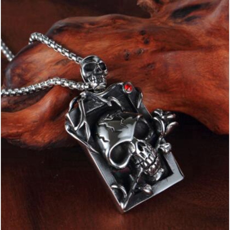 Men Gothetic Necklace Human Head Skull &amp; Withered Rose Pendant Charm Necklace