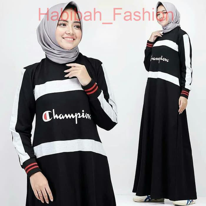 Idref Baju Muslim Gamis Champion Dress Panjang Hijab Casual Pakaian Wa - Hitam- L