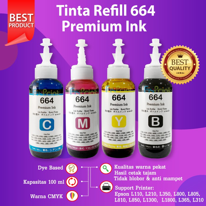 Paket 1 SET CMYK Tinta Premium 664 T664 Refill Pengganti Original Epson L120 L360 L550 L565 L1300