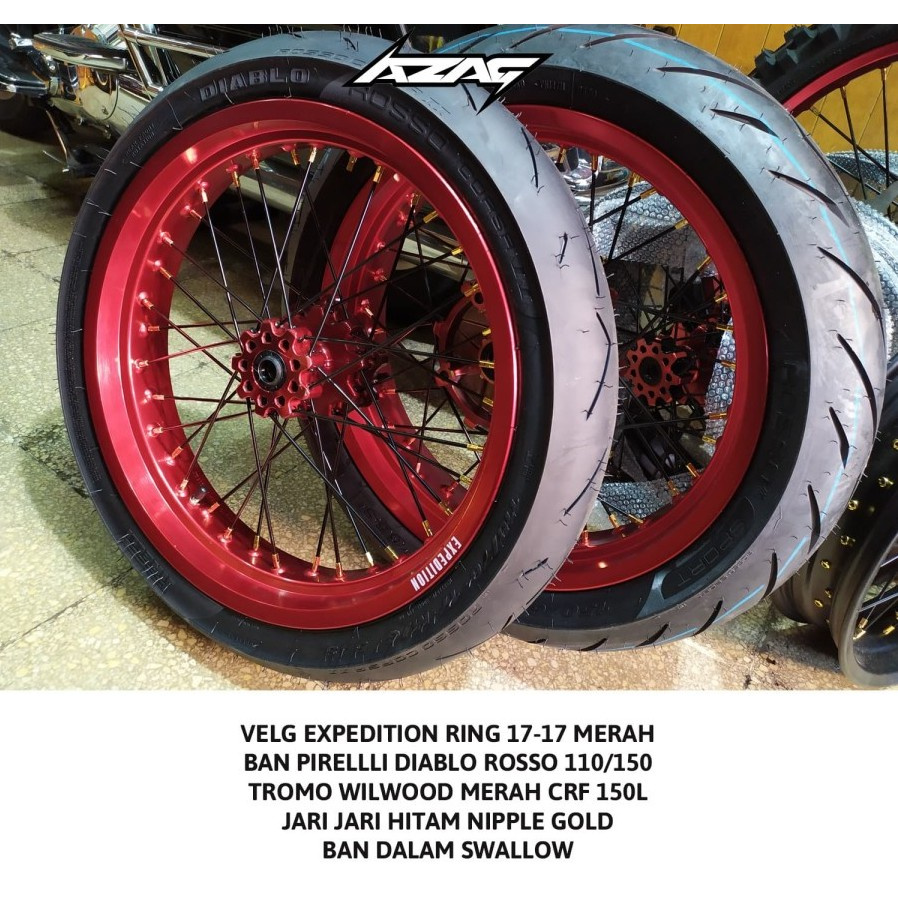 VELG SET WHEELSET CRF 150L SUPERMOTO VELG EXPEDITION MERAH BAN PIREELI