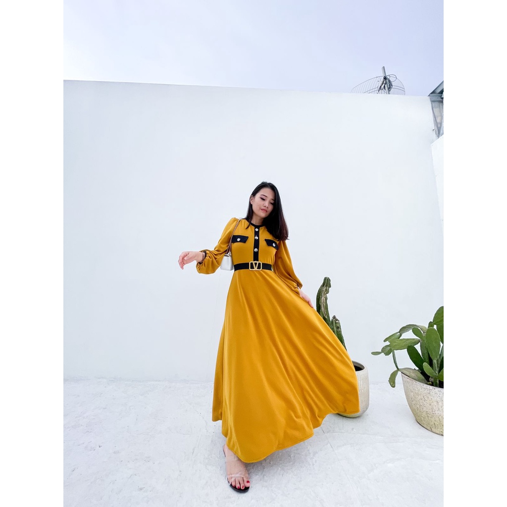 684# Dress Maxi fashion scuba / Gamis scuba garis / Dress muslim +FREE BELT V