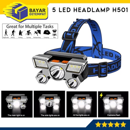 Senter Kepala 5 LED H501 Headlamp USB Rechargeable Camping