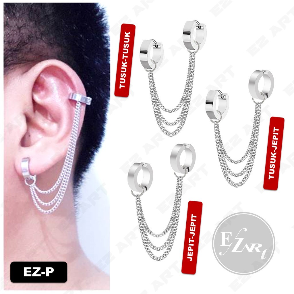 1Pc Model EZ-P Silver Anting Jepit Tusuk Variasi Bandul Gaya Punk Korea KPOP Stainless Steel