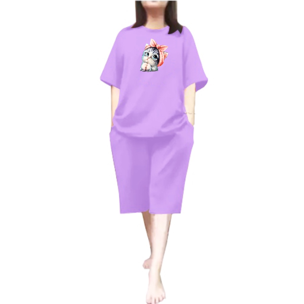 Setelan Jumbo Oversize Wanita Kucing Pita Celana Pendek LD 110 / Kaos Wanita