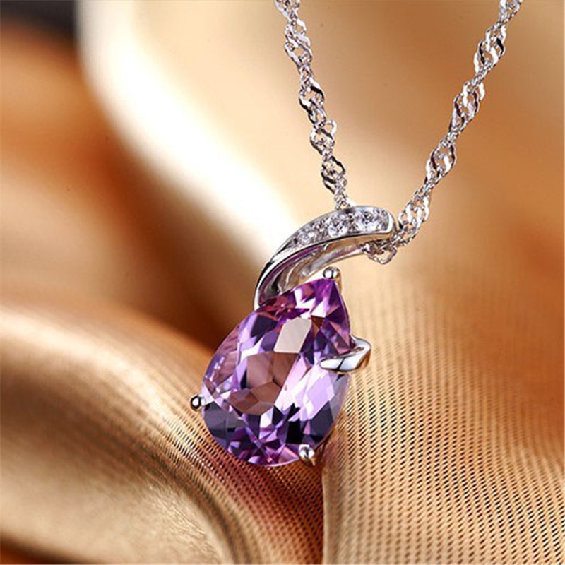 [Ready Stock]Fashion Inlaid Amethyst Gem Pendant Necklace