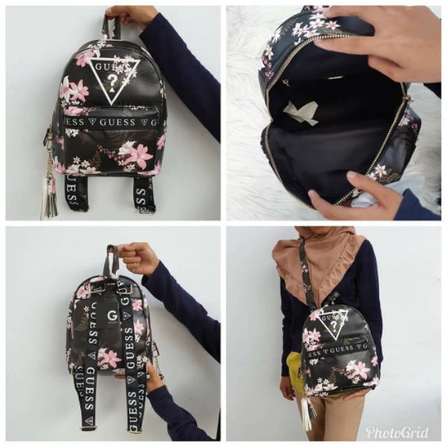 (WODB) Tas gesabel beige black pink floral ransel backpack