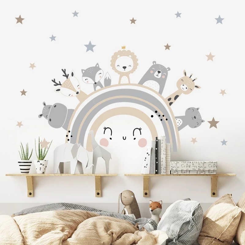 Wallpaper PVC Dekorasi Rumah Kartun Hewan Bintang Lucu Kartun Dekorasi Stiker Dinding Wallpaper Removable Motif Rubah Pelangi Wallpaper Kamar Anak Removable