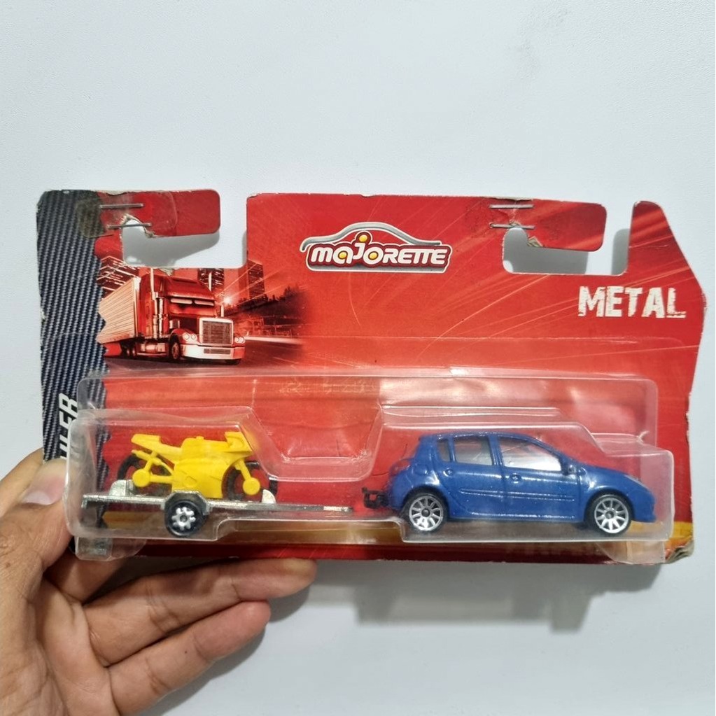 Majorette trailer Renault Clio B85 biru diecast mobil stok lama gandeng motor