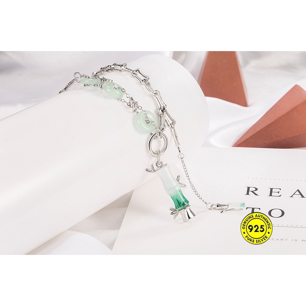 Kalung Rantai Sterling Silver 925 Dengan Liontin Batu Giok Bambu Untuk Wanita