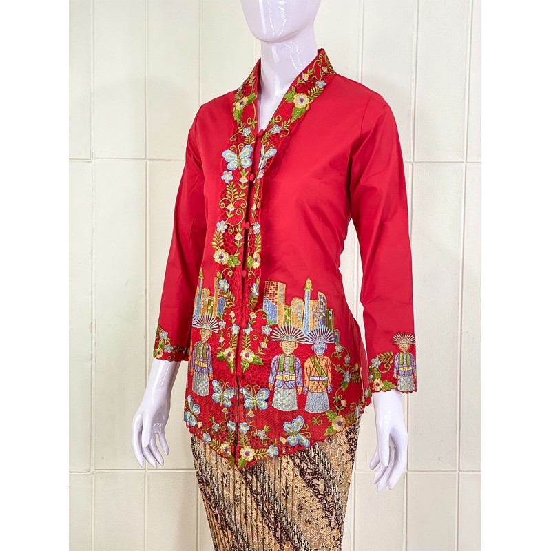 OSW03 - Daliyu KEBAYA ONDEL BETAWI ENCIM KARTINI LENGAN PANJANG BORDIR Katun Stretch / M L XL XXL-Merah