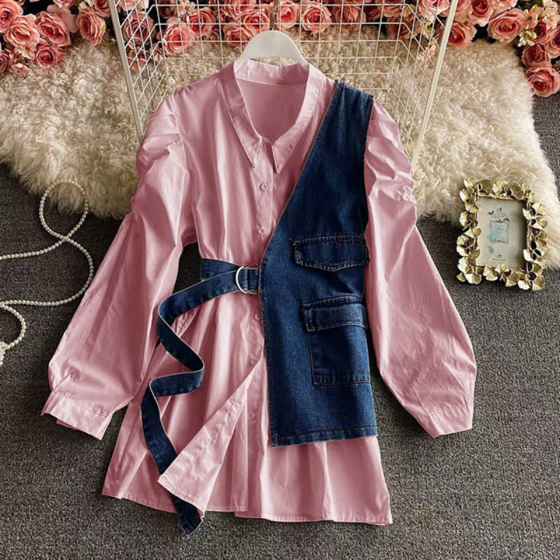 [A.F] USAGI BLOUSE SET 2IN1 / ATASAN KEMEJA DAN ROMPI / ATASAN TERBARU  WOLLYCRAPE ROMPI JEANS/ BAJU