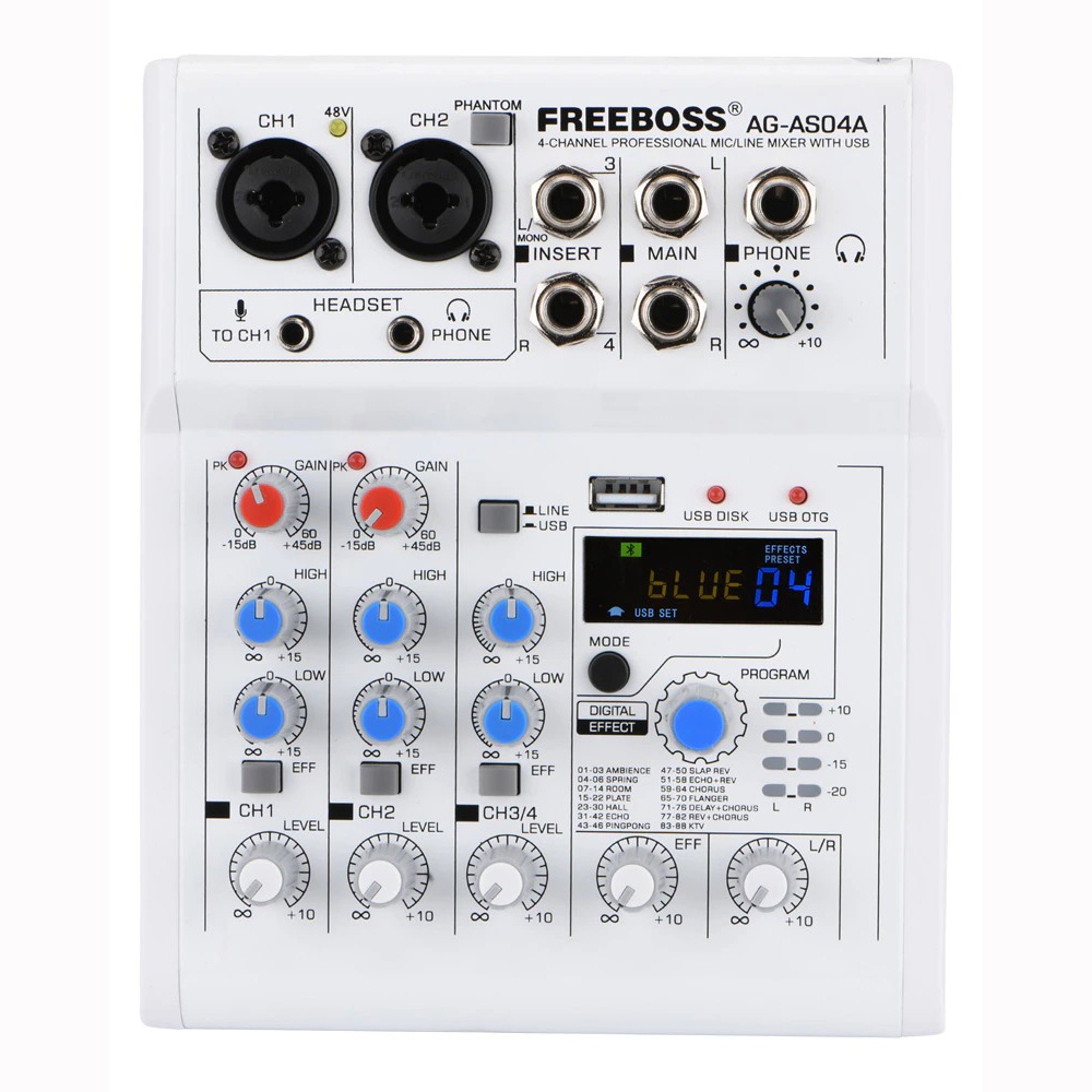 Mixer Record 4 Channel FREEBOSS Bluetooth 88 DSP Effect 4 Channel - AG-AS04A - White