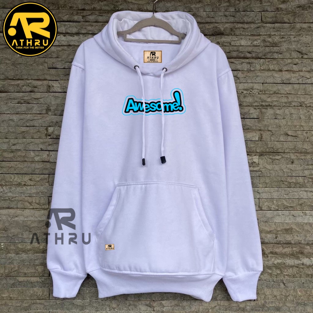 Hoodie Pria Distro Warna Putih Sablon Huruf Awesome Sweater Cowok Cewek Switer Hudie Original Brand