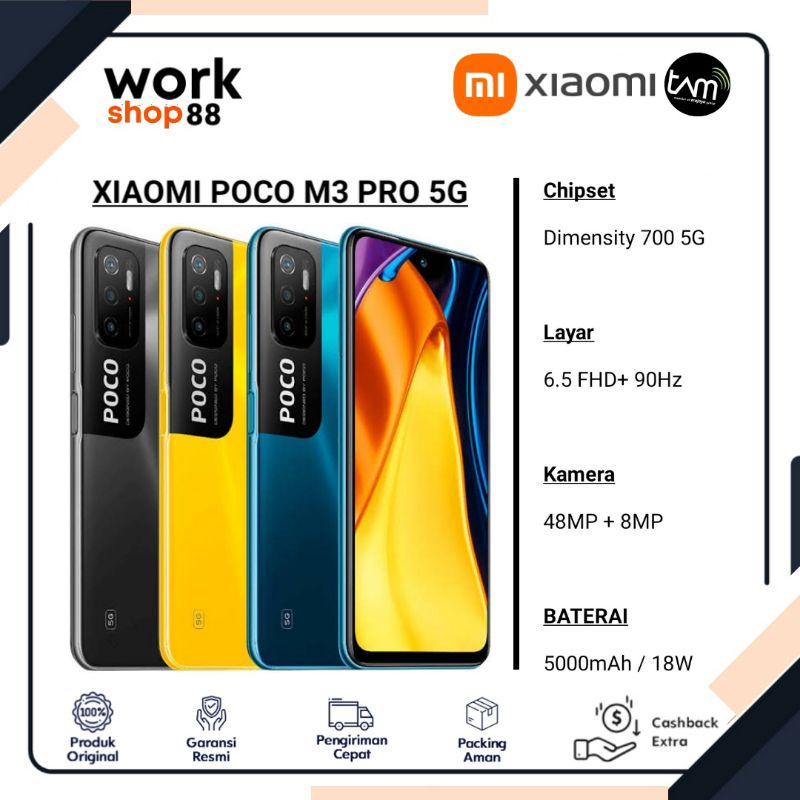HP Baru Xiaomi Poco M3 Pro 5G NFC 6/128 Special Edition Herzven - New Original Garansi Resmi TAM - Ram 6GB Rom internal 128GB - Dimensiti 700 48MP Baterai 5000 mAh - Warna Colour Black Yellow Blue Hitam Kuning Biru  Promo Murah 4/64 4GB 64GB 4 6 128 64 GB
