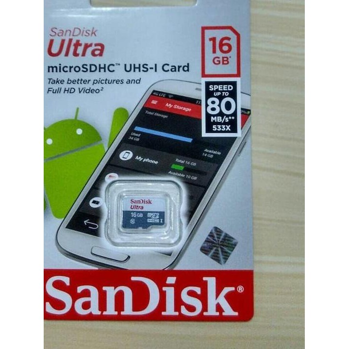 Sandisk MicroSD Ultra 16GB UP TO 80MB/S Class 10 Tanpa Adpter