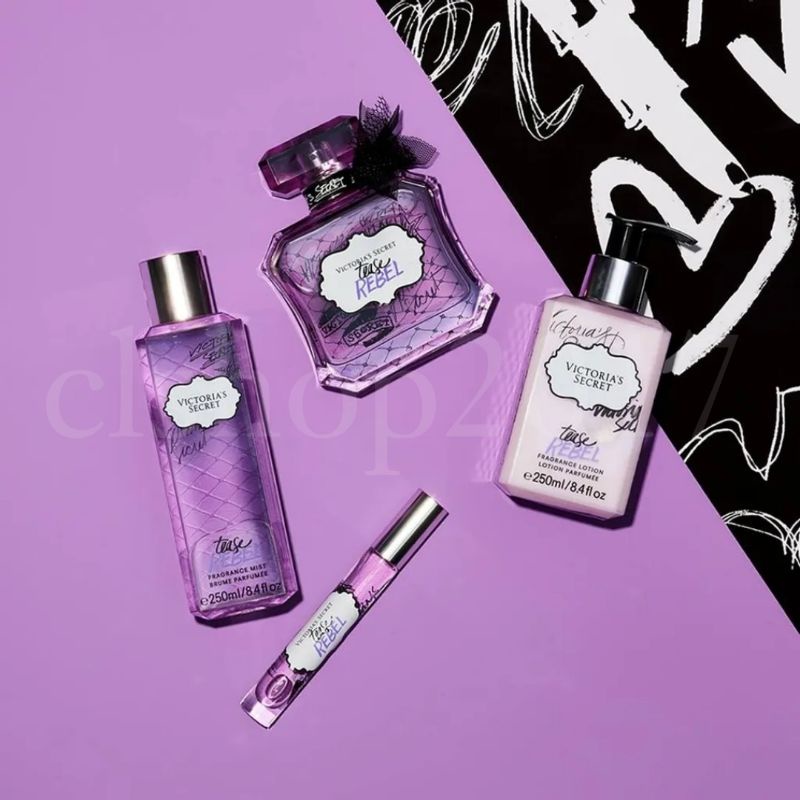 VICTORIA'S SECRET VS TEASE REBEL REBELLIOUS FLORAL VIOLET LEAF WILD ROSE WHITE LEATHER SERIES FULLSIZE TRAVELSIZE ROLLERBALL BODY LOTION MIST EAU DE PARFUM EDP