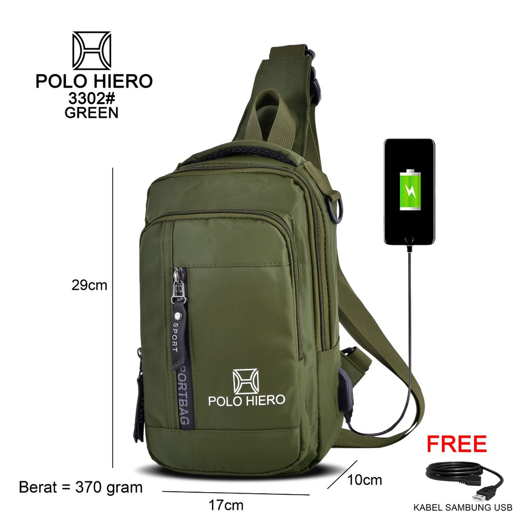 Tas Selempang Polo Hiero 3302 Tas Dada,Tas Slingbag,Ransel Selempang 3IN1 (Free Extension Kabel USB)