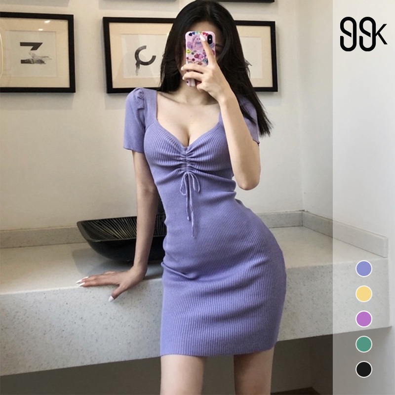 Sexy Knit V-neck Short Sleeve Bodycon Mini Dress Wanita Tali Serut 2037