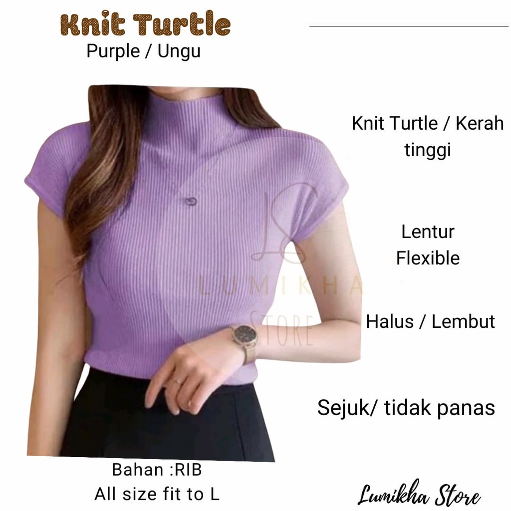 Kaos Wanita Lengan Pendek RIB Knit Turtleneck Bahan Katun Warna Purple Ungu All Size Fit to L