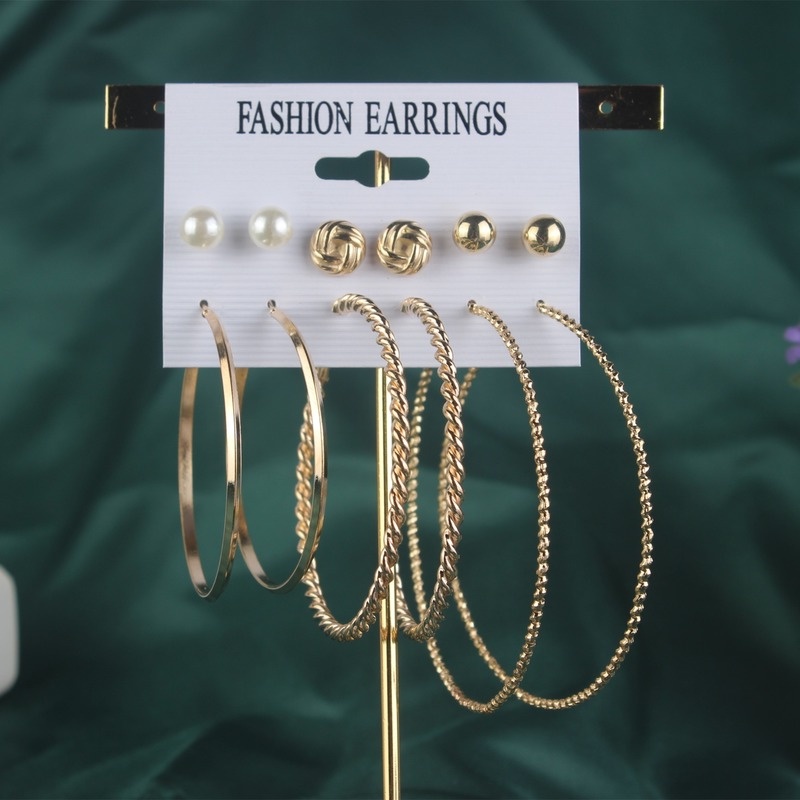 Set Anting Hoop Besar Bentuk Geometris Aksen Mutiara Model Hollow Untuk Wanita