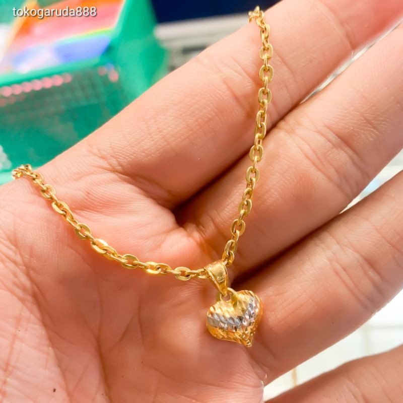 Set kalung anak dan dewasa emas asli kadar 700 70% liontin hati 2 in 1 model hadiah love ukir warna dimensi nori