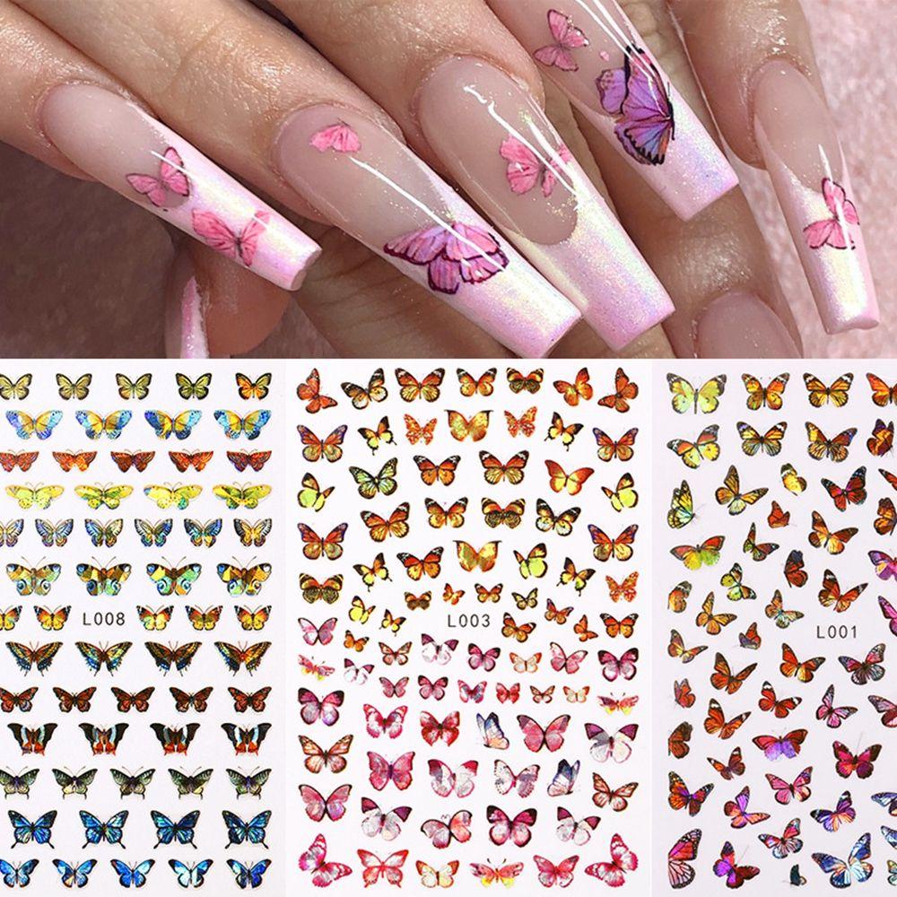 Solighter 1lembar Stiker Kuku Kupu-Kupu 3D Stylish DIY Motif Warna-Warni Nail Art Dekorasi