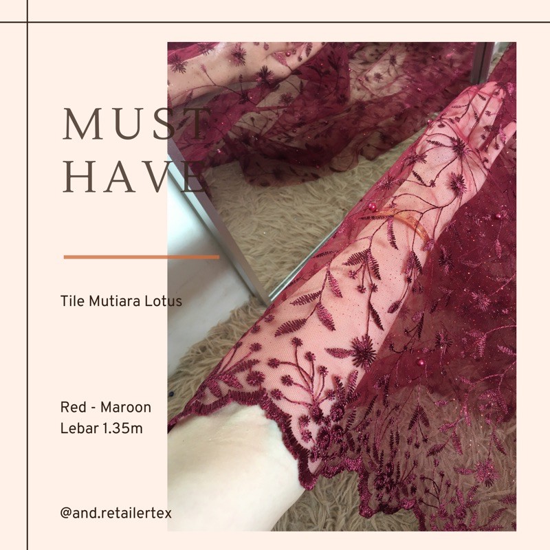 Kain Brokat Tile Mutiara Lotus warna Merah maroon
