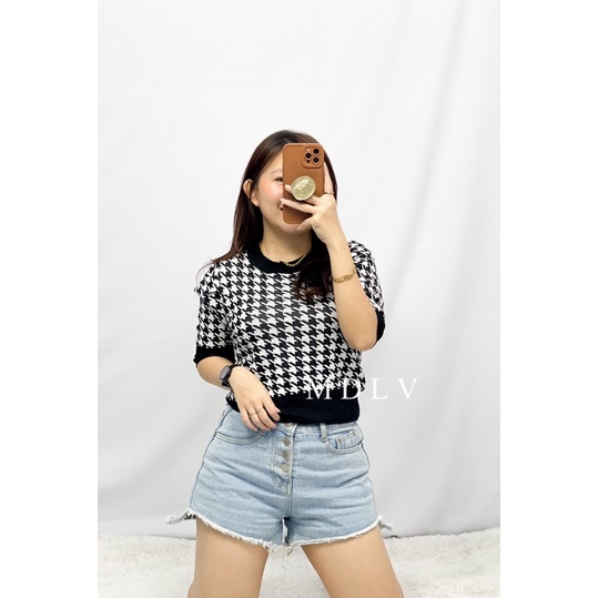 MDLV ~ 6392# Houndstooth Knit Cropped Top Atasan Rajut Motif Houndstooth Fashion Import