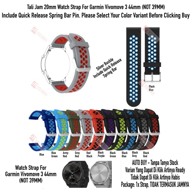 NSB Tali Jam 20mm Watch Strap Garmin Vivomove 3 44mm (Bukan 39mm) - Rubber Sporty SIlikon