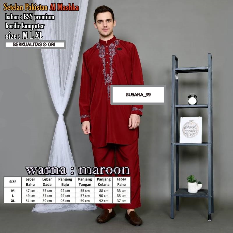 Kurta Pakistan Pria Premium AL-MASHKA / Setelan Muslim Terbaru 2022 / Baju Koko Muslim Laki-Laki / S