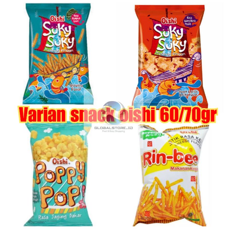 

Oishi suky seaweed 65gr/oishi suky shrimp 60gr/oishi poppy pop jagung bakar 60gr/oishi stick rin bee keju 65gr