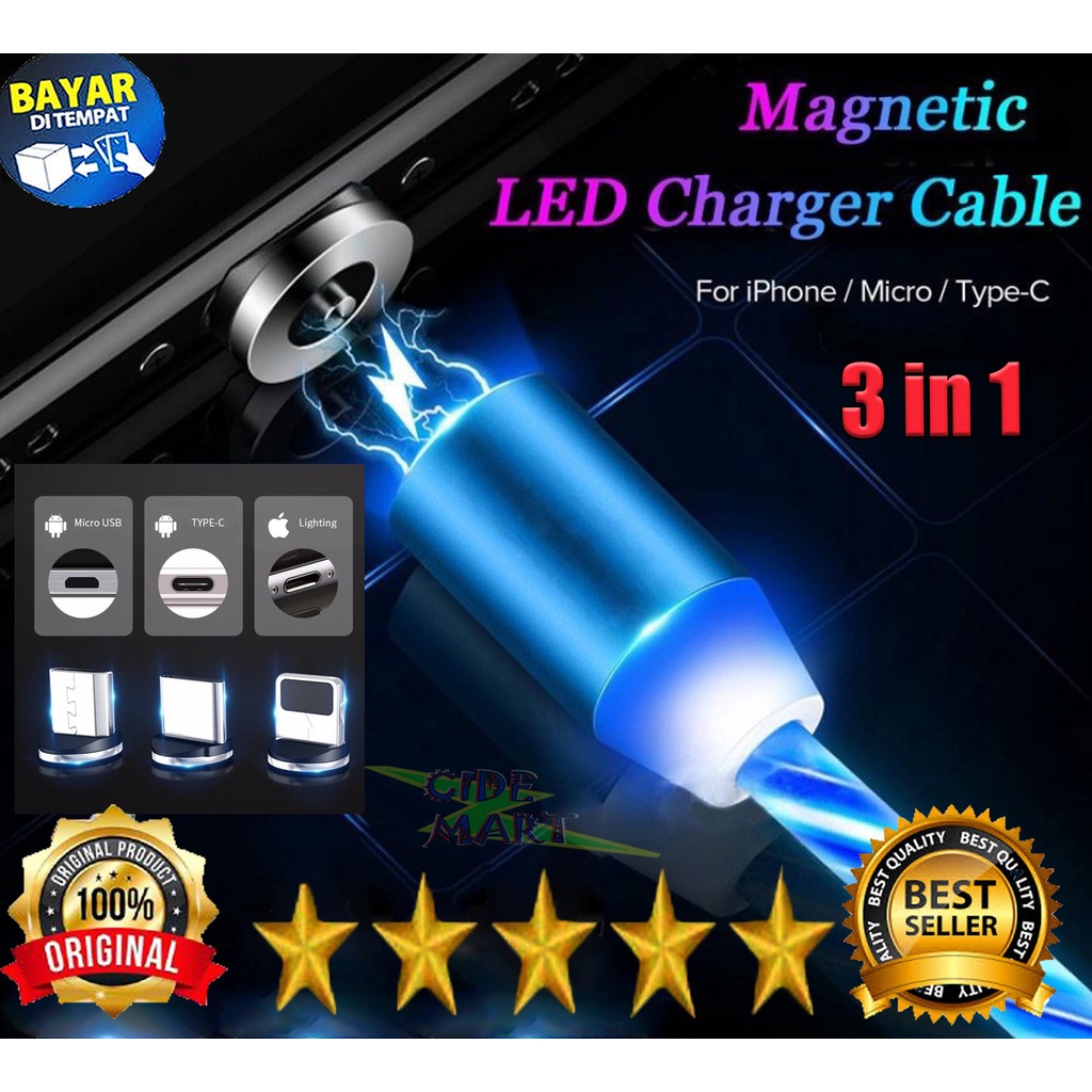 Kabel Data Magnet Led/ Charger Micro USB Magnetik Fast Charging untuk IOS/ANDROID 3 in1 LEd