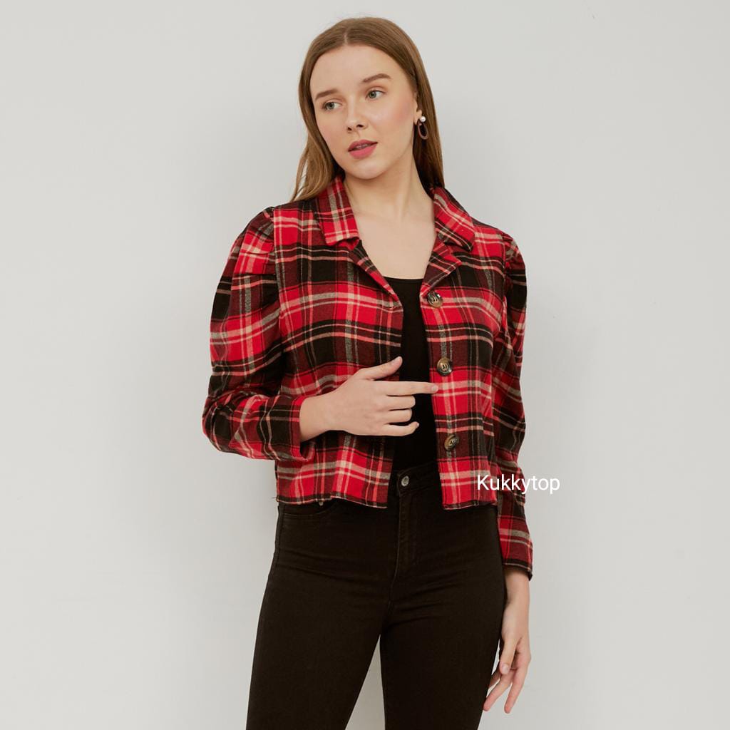 Kukky Top Blazer Wanita Kotak Flanel Fashion 11899