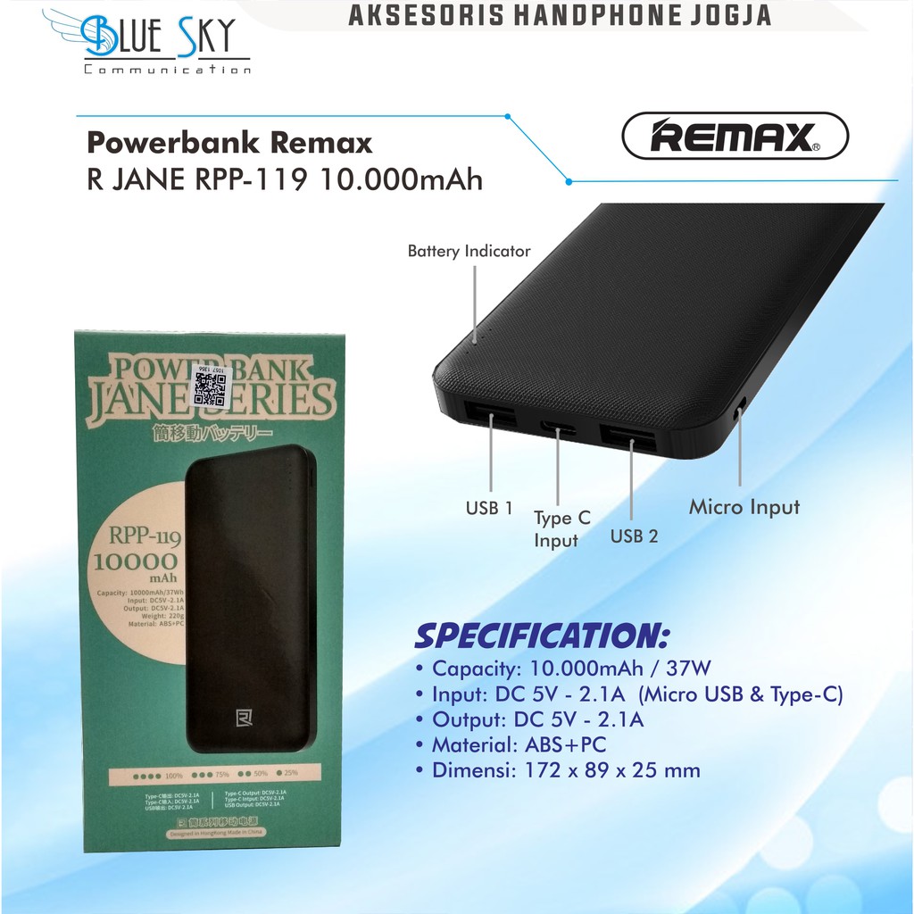 POWERBANK REMAX R JANE RPP-119 10.000mAh POWER BANK