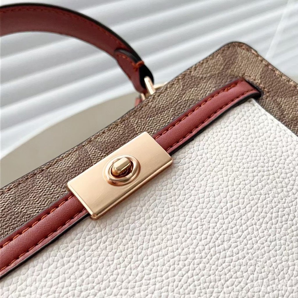 TAS WANITA SELEMPANG MINI LANE TOP HANDLE BROWN KHAKI WHITE LEATHER C8687