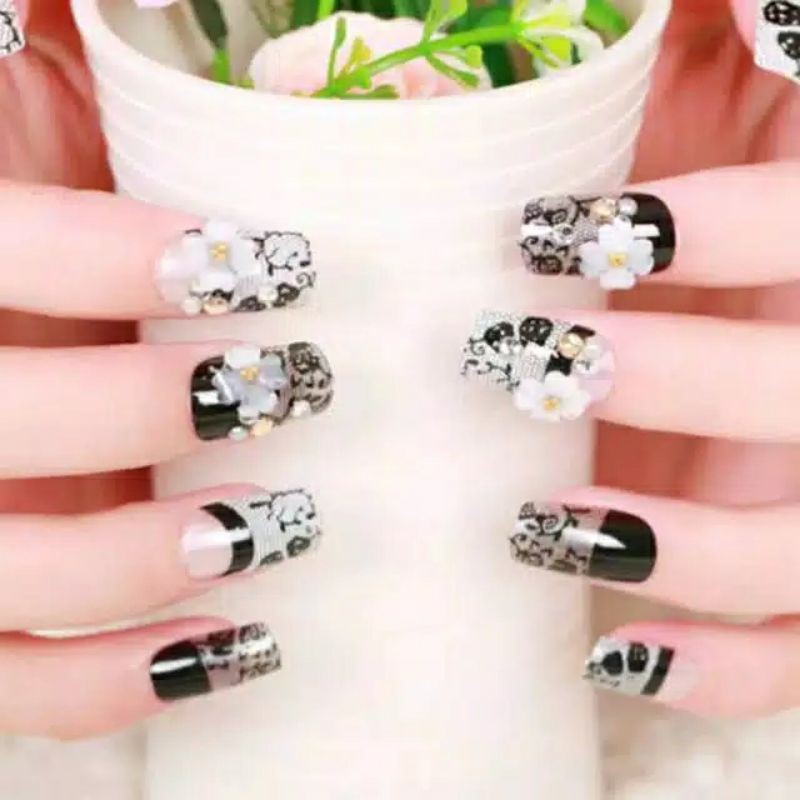 Wedding party fake nail Clear Rhinestone Flower kuku palsu 3D + LEM