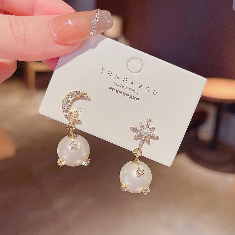Anting S925 Silver Needle Bentuk Asimetris Aksen Mutiara Untuk Wanita