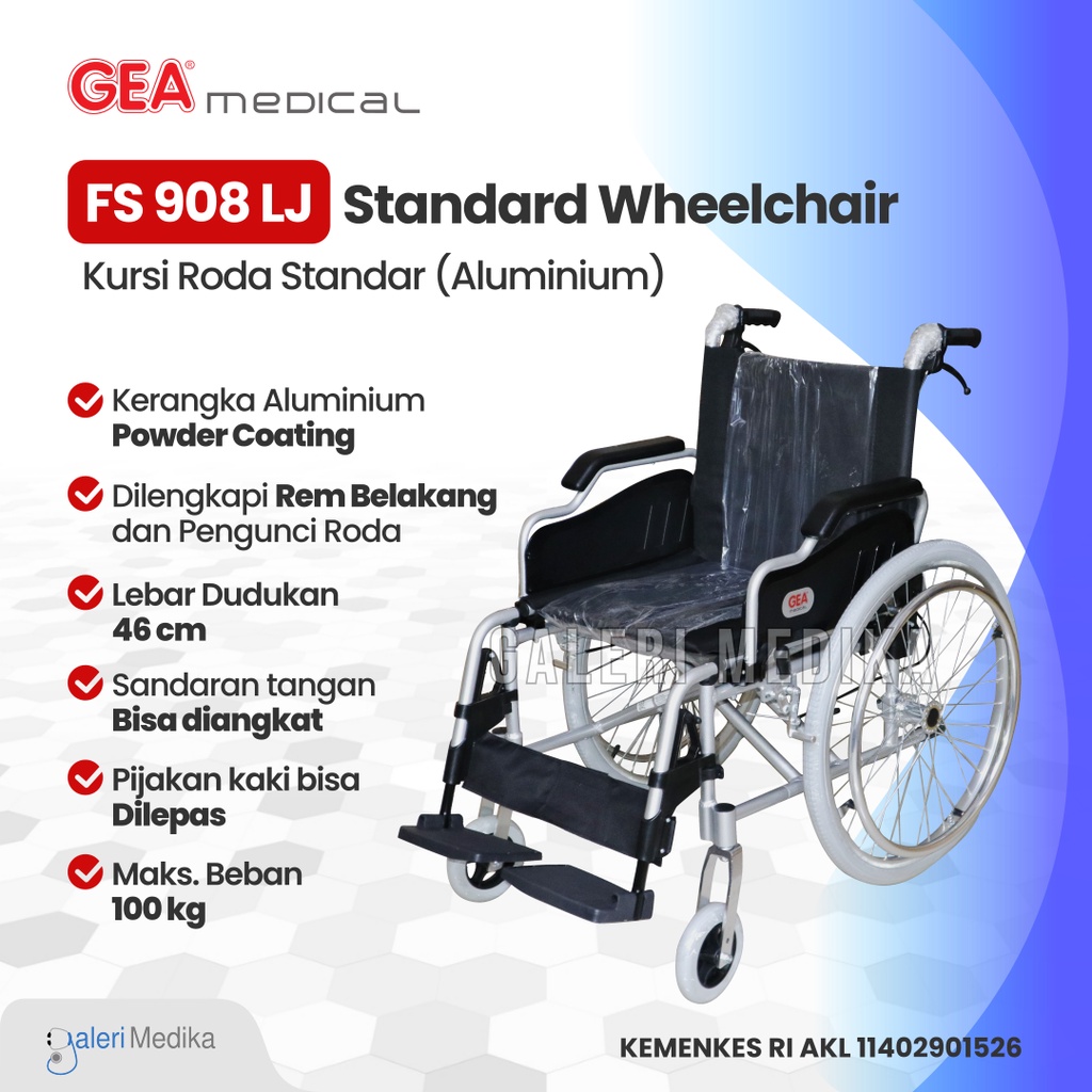 Kursi Roda Aluminium GEA FS 908 LJ / FS908LJ / FS-908LJ - Kursi Roda Rumah Sakit