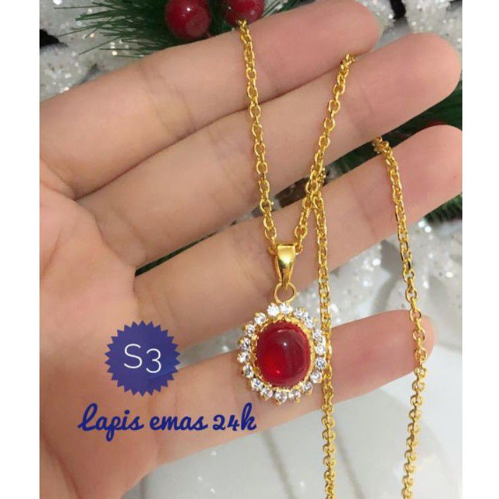 (SEP) PROMO Set Perhiasan Lapis Emas 24 Karat Xuping Kalung Liontin Batu Permata Merah Gold Titanium